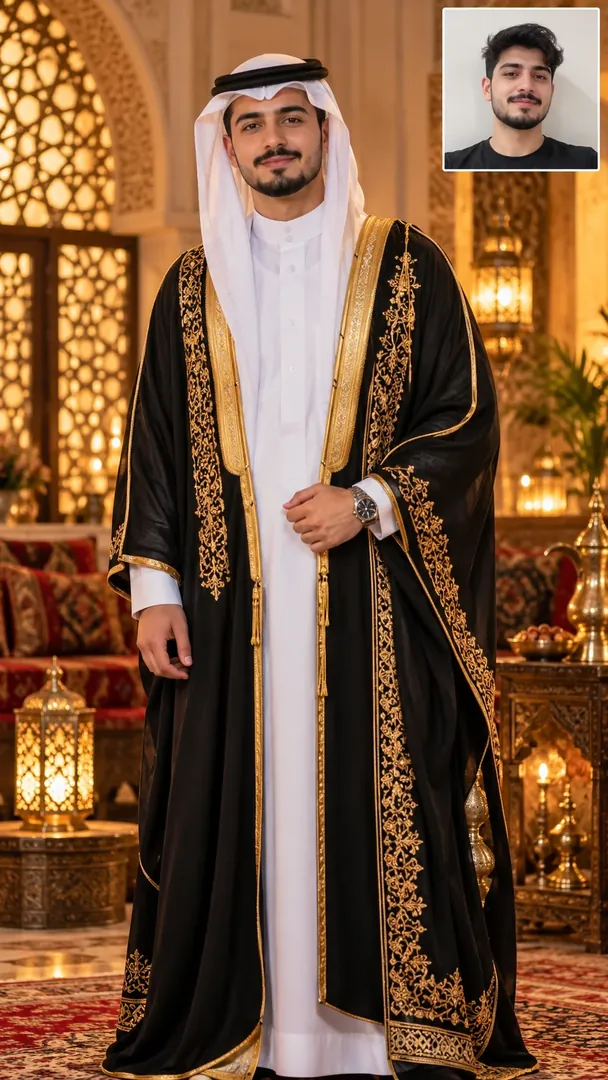 Bisht Ceremonial Portrait: AI Arabian Cultural & Fashion prompt example