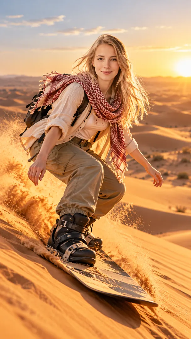 Sandboarding Adventure: AI Arabian Desert prompt example