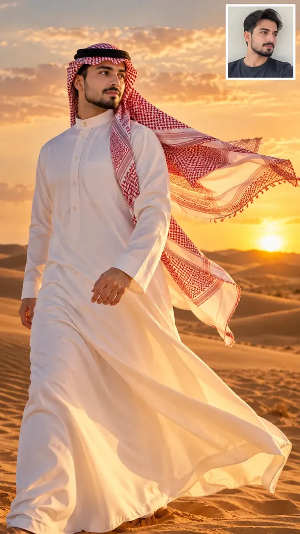 Windblown Desert Portrait: AI Arabian Desert photo effect example 2