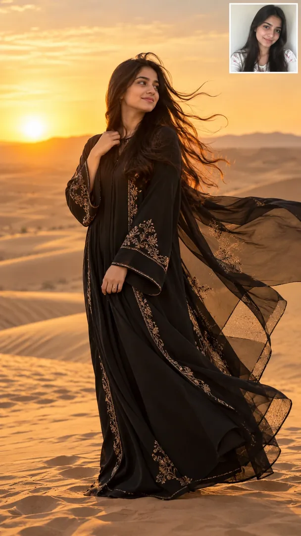 Windblown Desert Portrait: AI Arabian Desert photo effect