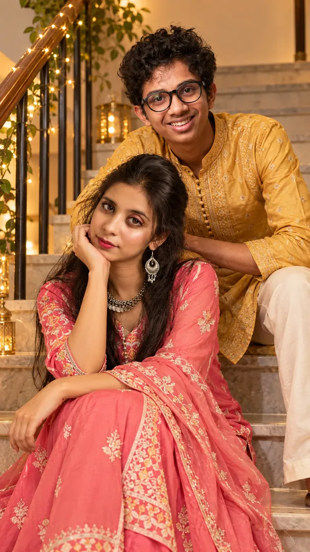 Playful Staircase Portrait: AI Bhai Dooj photo effect example 2