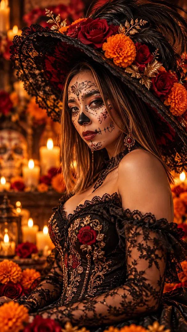 Midnight Catrina Glamour example 2: AI Day of the Dead photo effect