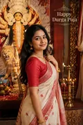 Red & White Saree Portrait: AI Durga Puja example