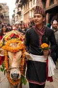 Flowers by the Sacred Cow: AI Gai Jatra example